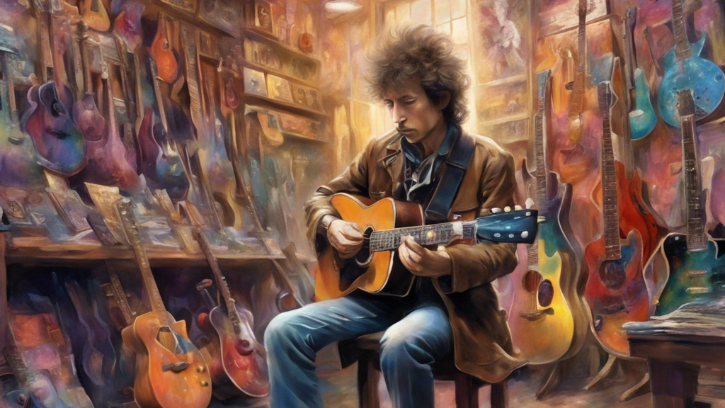 Bob Dylan in colourful guitar shop